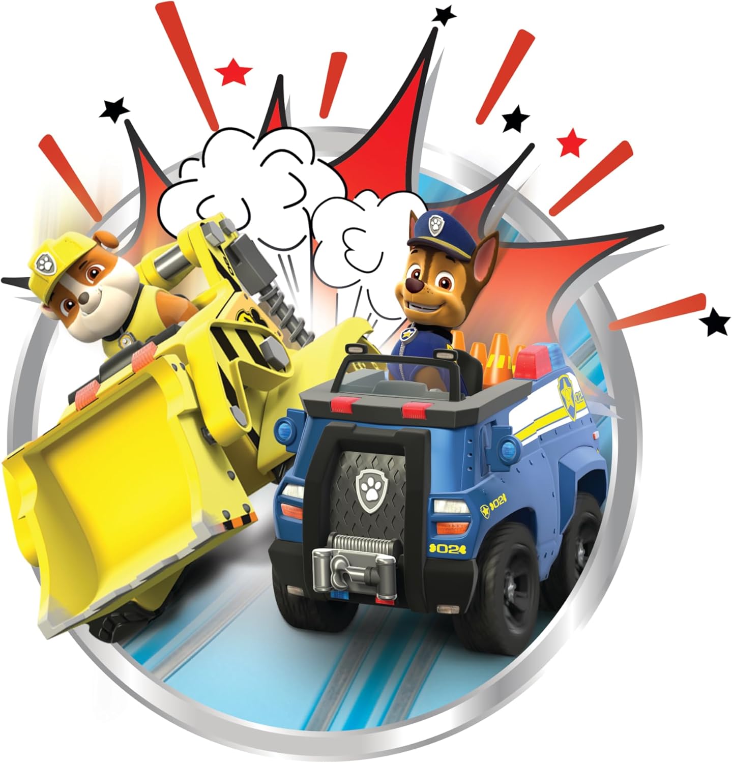 Action-Spielset mit gelbem Rubble und blauem Chase, beide Fahrzeuge auf Rennstrecke
