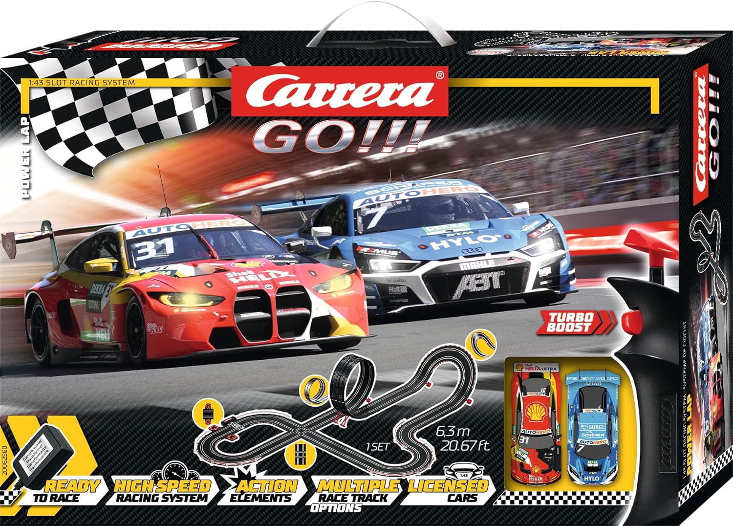 Carrera Box „GT Powerplay“ mit zwei Rennwagen und Schienenstrecke