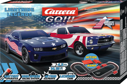 Street Legends Kartonansicht: zwei Autos, Rampe und Rennstrecken-Elemente