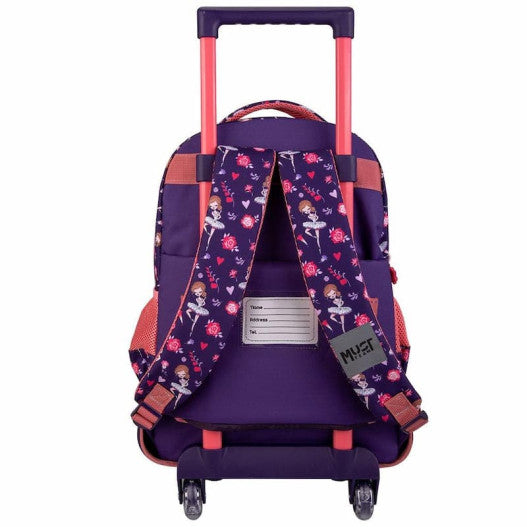 Purple kids trolley bag with pink handle, three compartments, and front pocket with straps