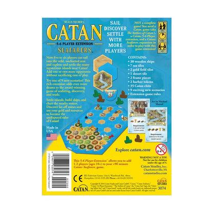Catan Seafarers 5-6 player extension box back with setup and contents diagram