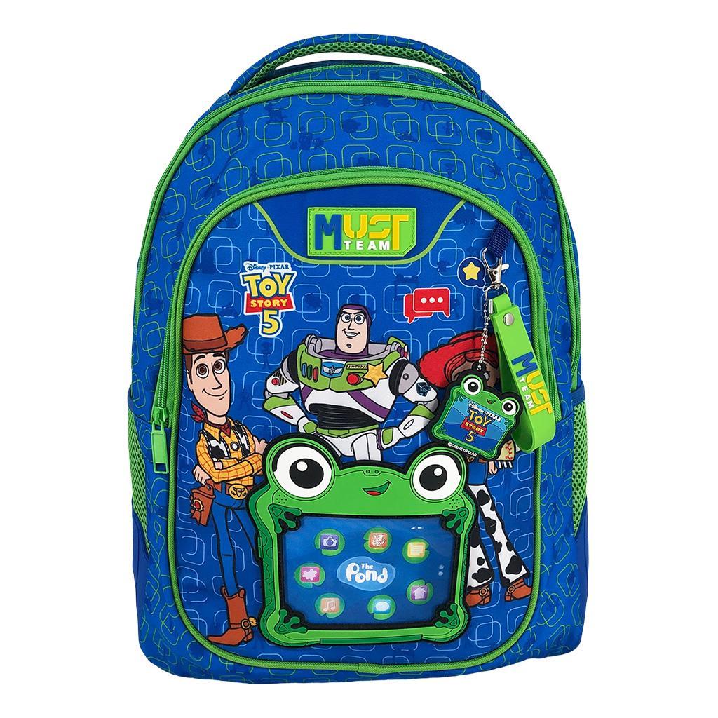 Toy character graphic backpack with green-trimmed front pocket and Must Team badge