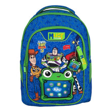 Toy character graphic backpack with green-trimmed front pocket and Must Team badge
