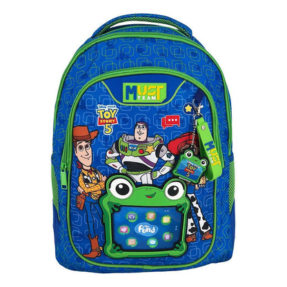 Toy character graphic backpack with green-trimmed front pocket and Must Team badge