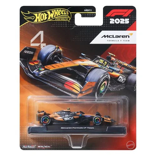 Hot Wheels Premium Formula 1 die-cast car #4 with Real Riders tires, orange and blue