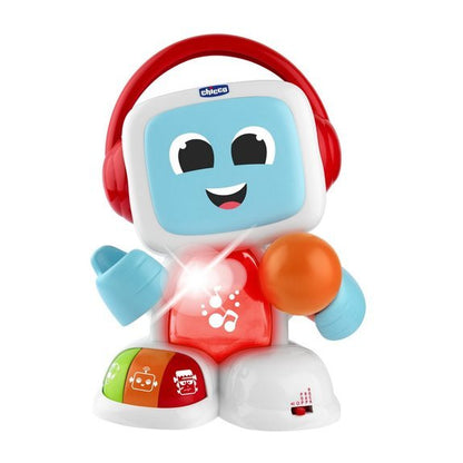 Karaoke With Me microphone toy robot with headphones, blue face and red light