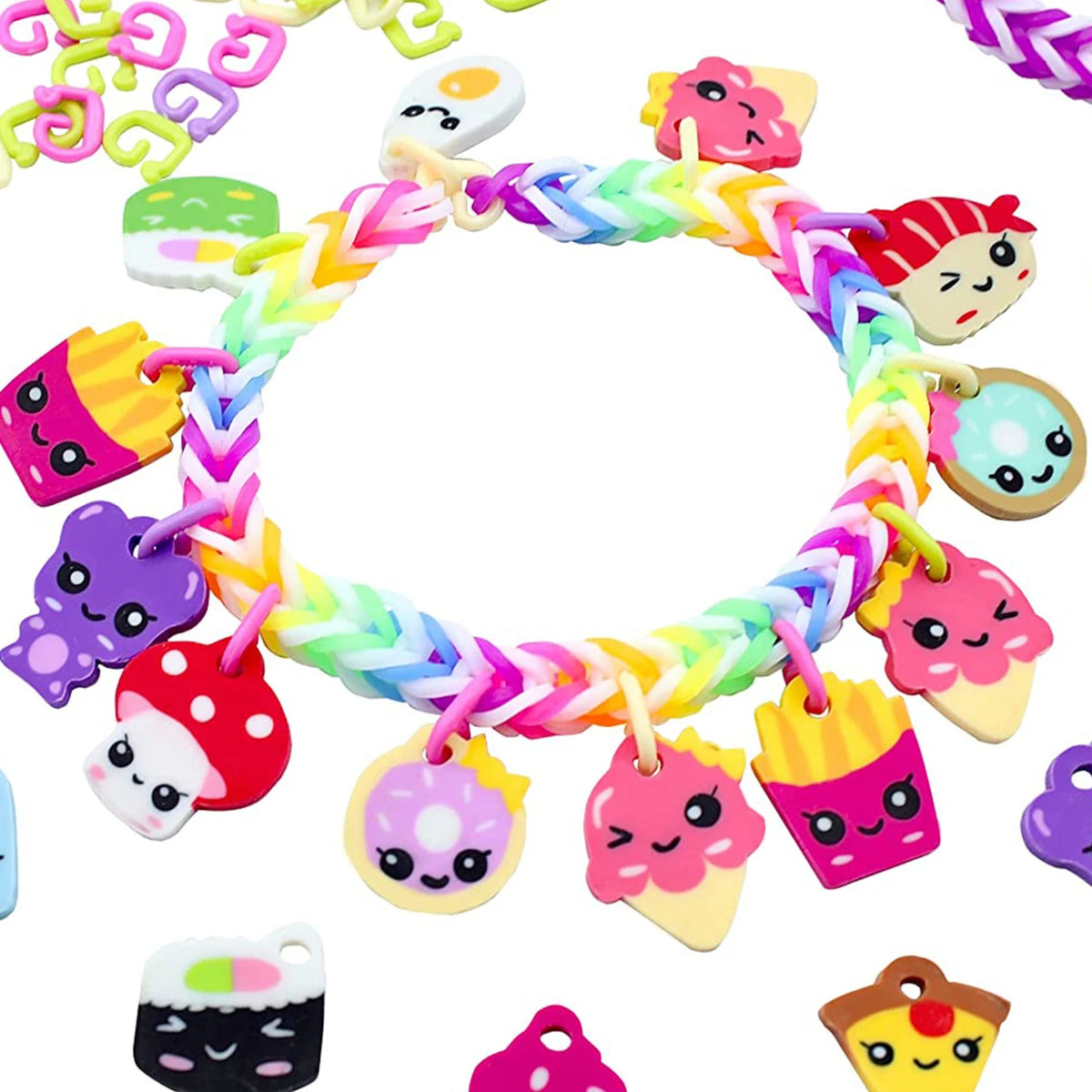 Rainbow braided charm bracelet with assorted food-shaped charms in colorful enamel