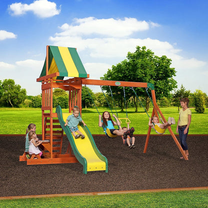 Outdoor wood swing playset with slide, two swing seats, and striped canopy