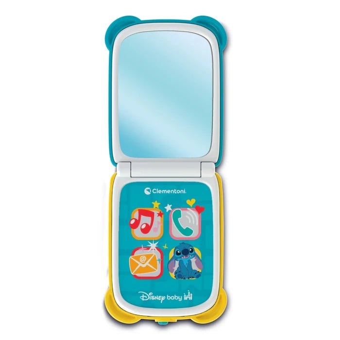 Clementoni Stitch flip phone toy, teal and yellow, open screen with musical icons