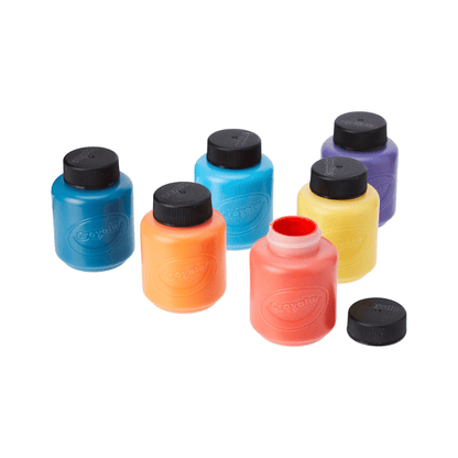 Acrylic paint set of six bottles with black caps in blue, orange, yellow, purple, coral