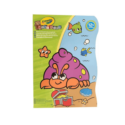 Colour book cover with Crayola Minikids purple creature, fish and sea-shell illustrations
