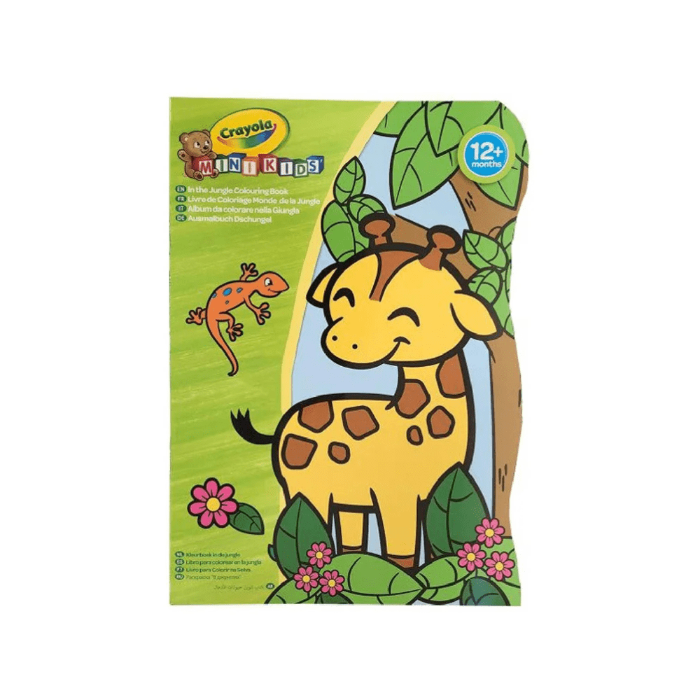 Colour book cover with Crayola Minikids jungle animal illustrations, flowers and leaves