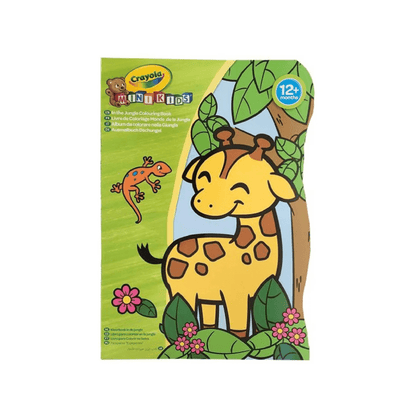 Colour book cover with Crayola Minikids jungle animal illustrations, flowers and leaves