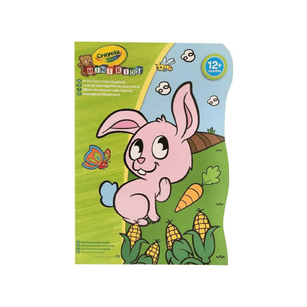 Colour book cover with Crayola Minikids bunny, butterfly and cornfield illustrations