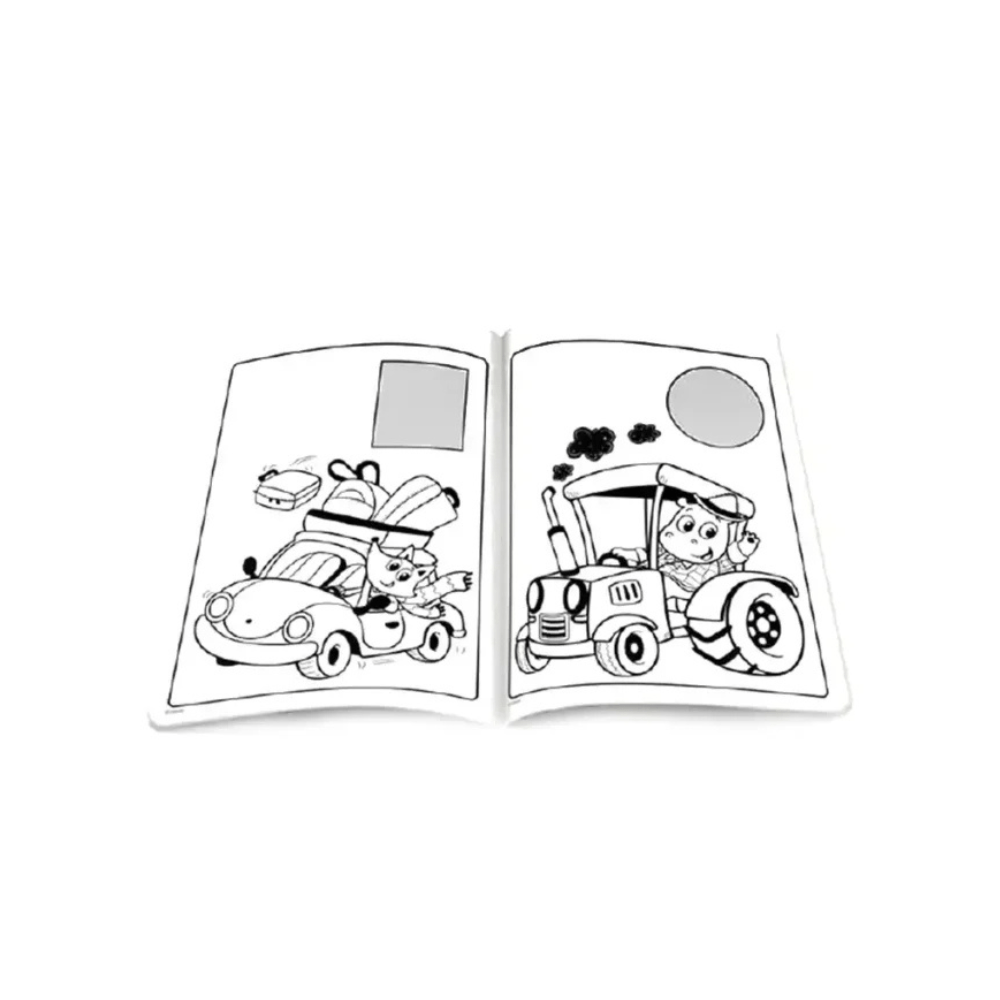 Open cars coloring book with line drawings of vehicles and drivers