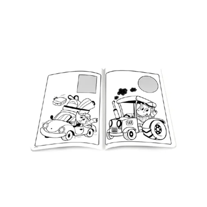 Open cars coloring book with line drawings of vehicles and drivers