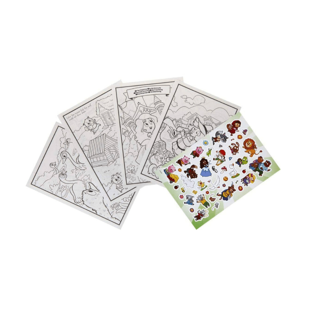 Mini Kids coloring book pages with outlines and a sticker sheet of character graphics