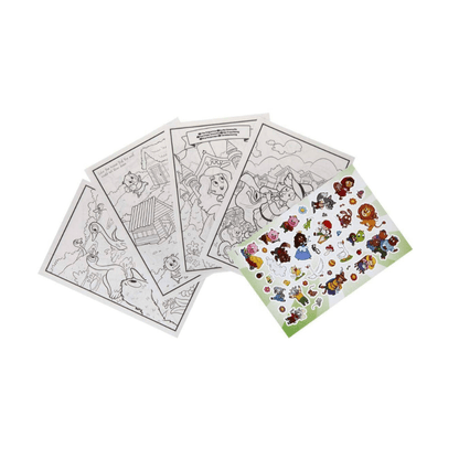 Mini Kids coloring book pages with outlines and a sticker sheet of character graphics