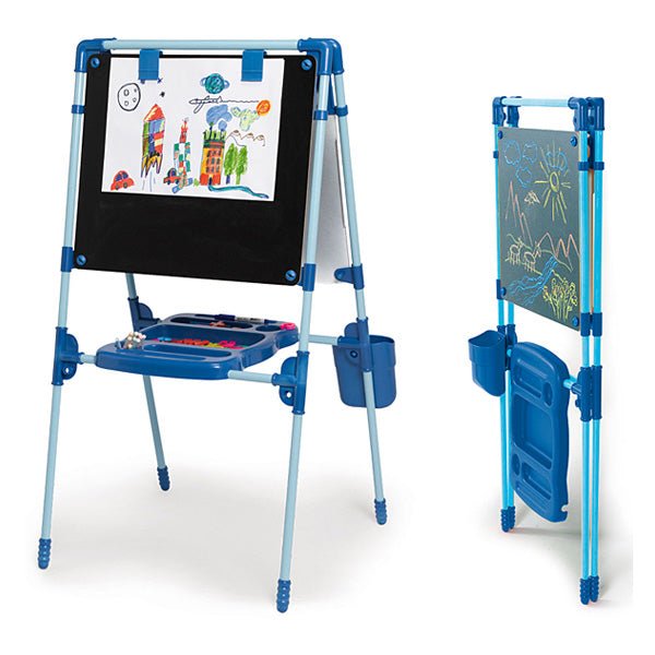 Double-sided magnetic drawing board showing black writing panel with city drawing and blue stand
