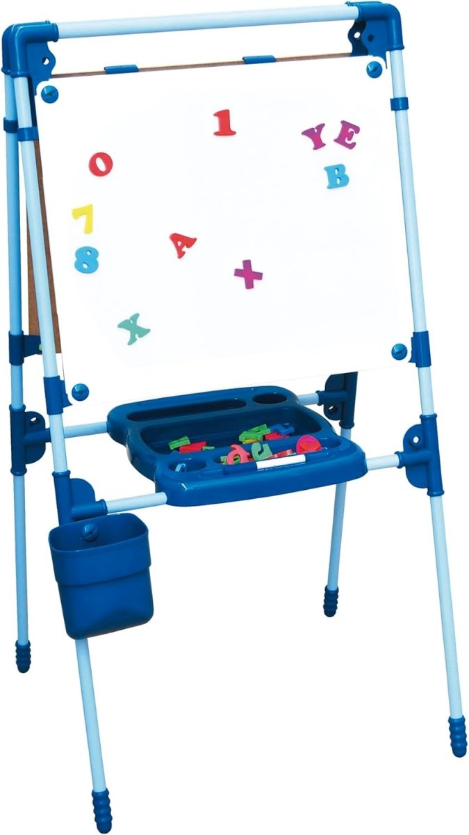 Magnetic drawing board with blue frame, alphabet symbols, and blue ledge tray for accessories
