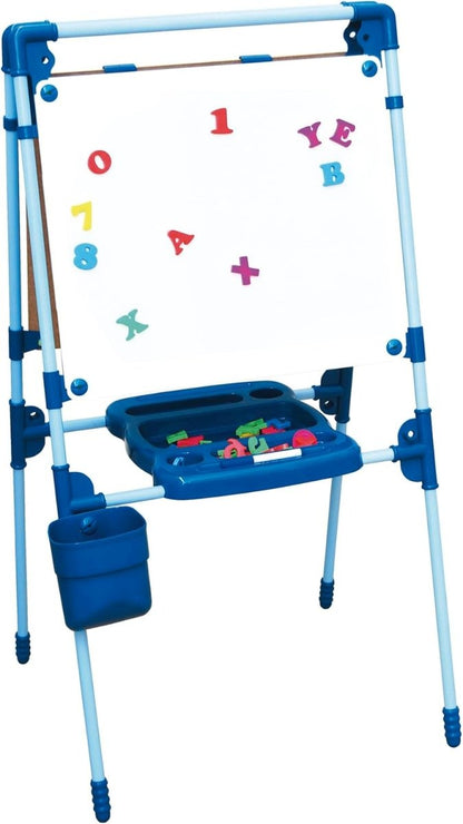 Magnetic drawing board with blue frame, alphabet symbols, and blue ledge tray for accessories