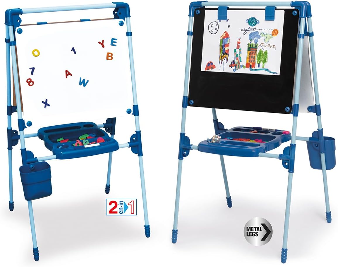 Double-sided magnetic drawing board with blue frame, alphabet and number writing surface