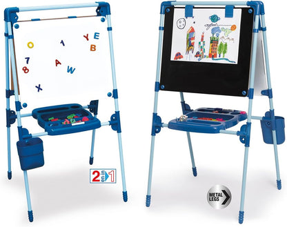 Double-sided magnetic drawing board with blue frame, alphabet and number writing surface