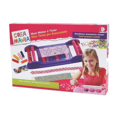 Bracelet craft kit box with rainbow loom tool, bead bands, and accessory pieces
