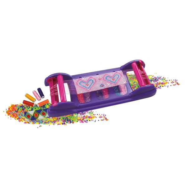 Rainbow loom bracelet maker tool with multicolor beads and band on purple base