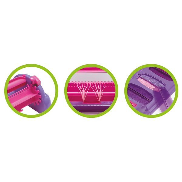 Bracelet craft kit tool close-up icons: pink clamp, peg rows, and purple base