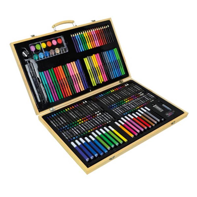 Wooden drawing case with colored pencils, crayons, and sketching tools, open