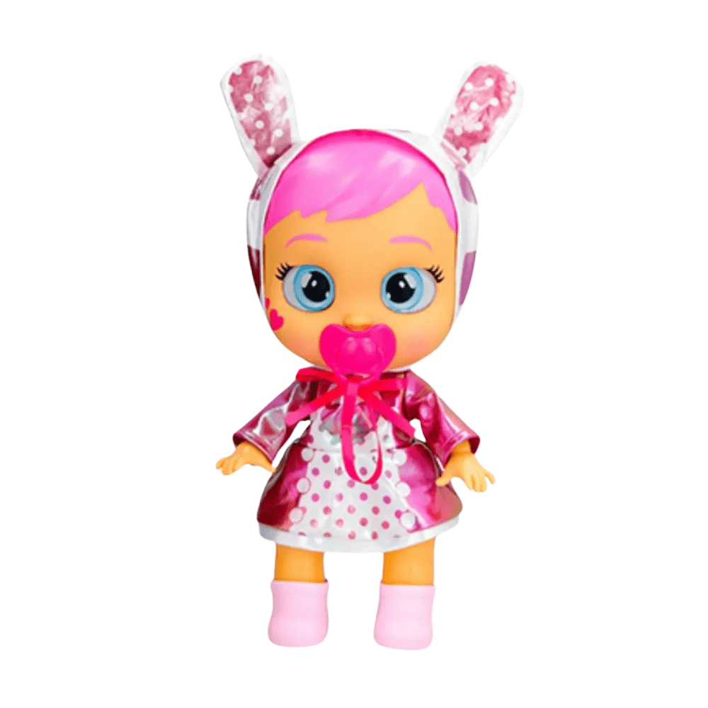 Baby doll with pink bunny helmet, magenta polka-dot dress, and pink heart pacifier