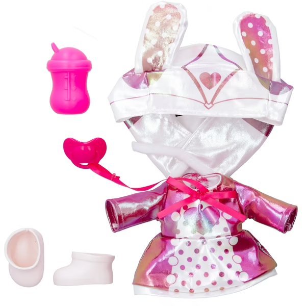 Baby doll hooded outfit with pink-and-white accessories: bottle and shoes