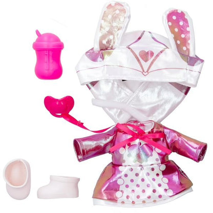 Baby doll hooded outfit with pink-and-white accessories: bottle and shoes