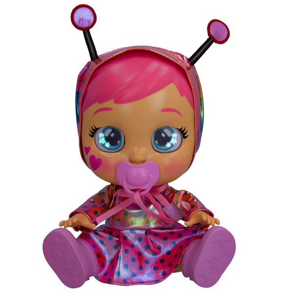 Baby doll sitting with pink antenna hair, polka-dot dress, pink pacifier and boots