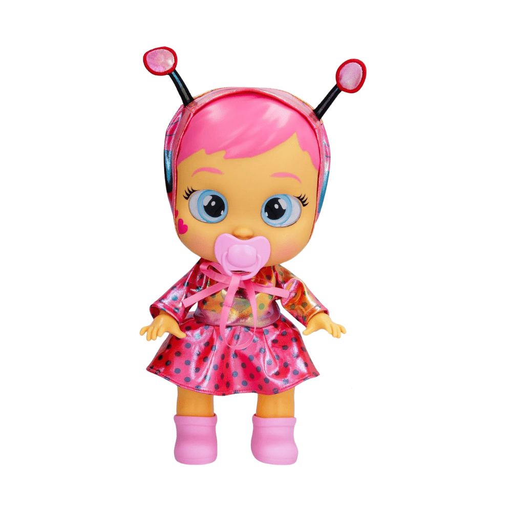 Baby doll with pink antenna hair, polka-dot dress, pink boots, pacifier and open arms