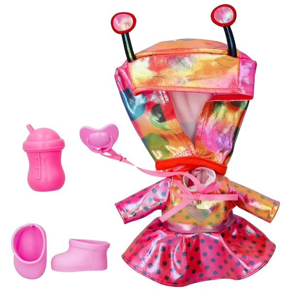 Baby doll in rainbow outfit with polka-dot skirt, plus pink feeding accessories