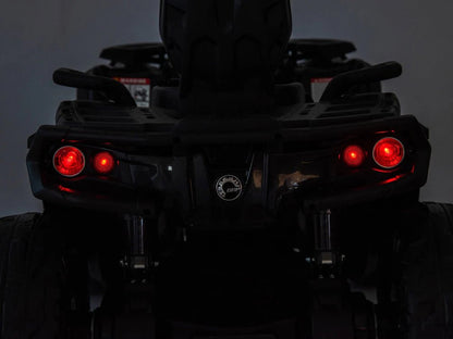 Kids 24V Can-Am Outlander rear lights view, four red taillights on black frame