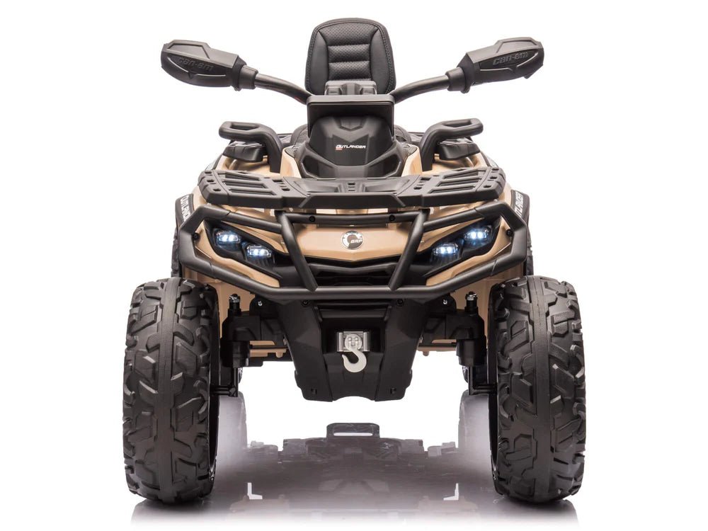 24V Can-Am Outlander kids ATV front view, headlights and black bumper on beige body