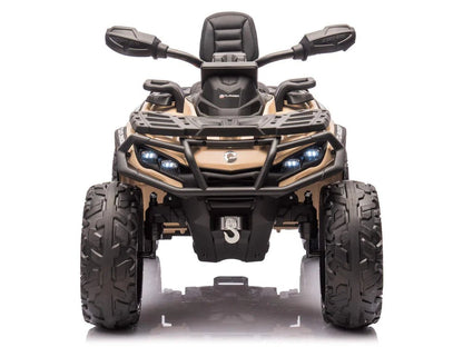 24V Can-Am Outlander kids ATV front view, headlights and black bumper on beige body