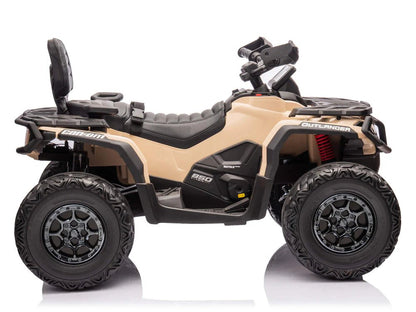24V Can-Am Outlander kids ATV side view, black handlebar and beige body with 850