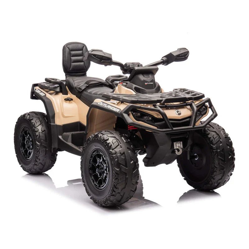 Kids 24V Can-Am Outlander ride-on ATV front 3/4 view, black roll cage and headlights