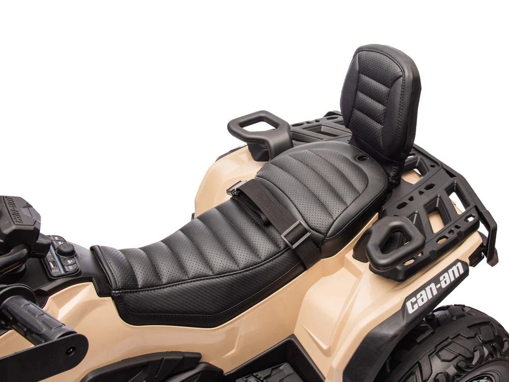 Kids 24V Can-Am Outlander seat and footrest, padded black seat on beige frame