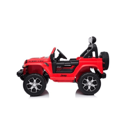 Red Jeep Wrangler Rubicon ride-on car, side view with open seats and large wheels