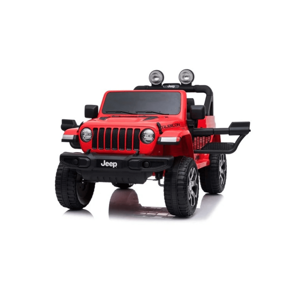 Red Jeep Wrangler Rubicon ride-on car, front view with grille and round headlights