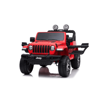 Red Jeep Wrangler Rubicon ride-on car, front view with grille and round headlights