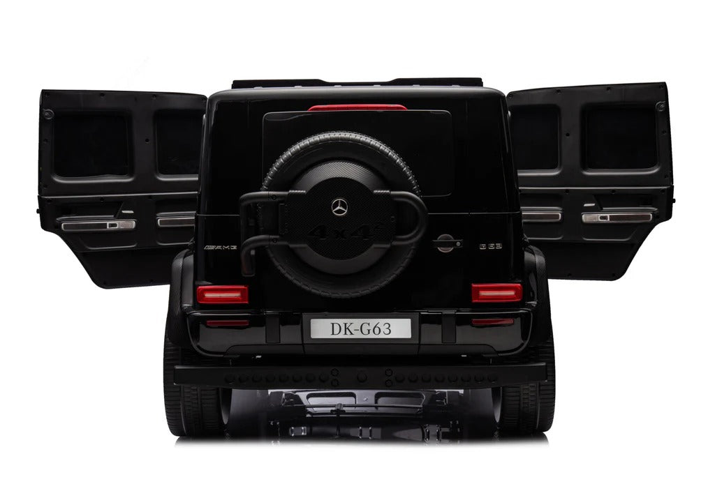 Licensed Mercedes AMG G63 toy car, close rear view with DK-G63 plate and spare wheel
