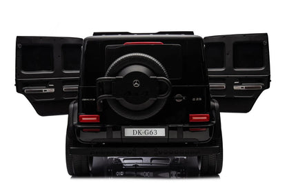 Licensed Mercedes AMG G63 toy car, close rear view with DK-G63 plate and spare wheel