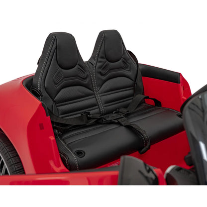 Licensed Mercedes SL63 ride-on car seats, black leather-style upholstery with stitching
