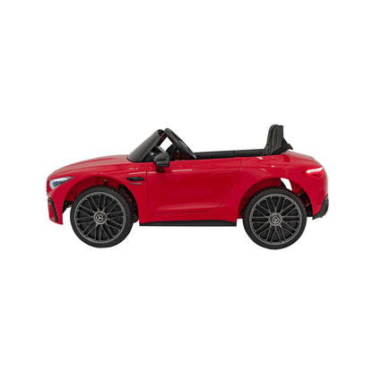 Licensed Mercedes SL63 ride-on car, red side profile with black wheels and open-top seats